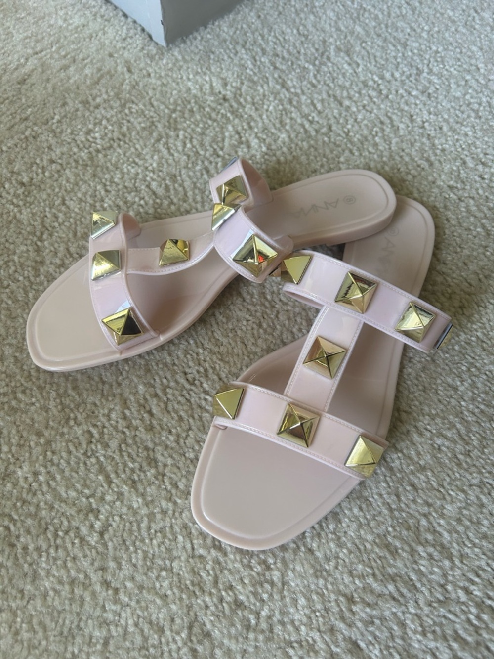 Anna Blush Nude Pink Slide Sandals with Gold Pyramid Studs
